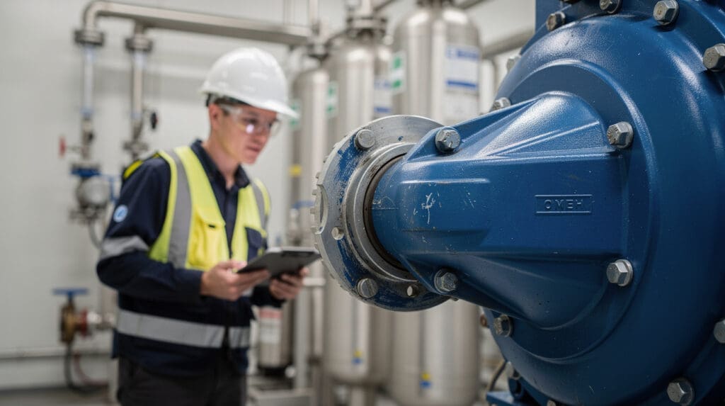 Plant engineer inspecting a PP chemical pump at an effluent treatment plant