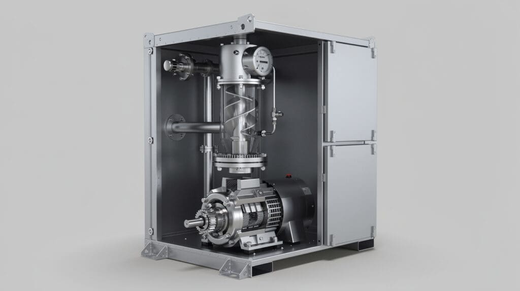 Technical breakdown of a mobile fuel dispenser showing rotary vane pump, PD meter, and air separator