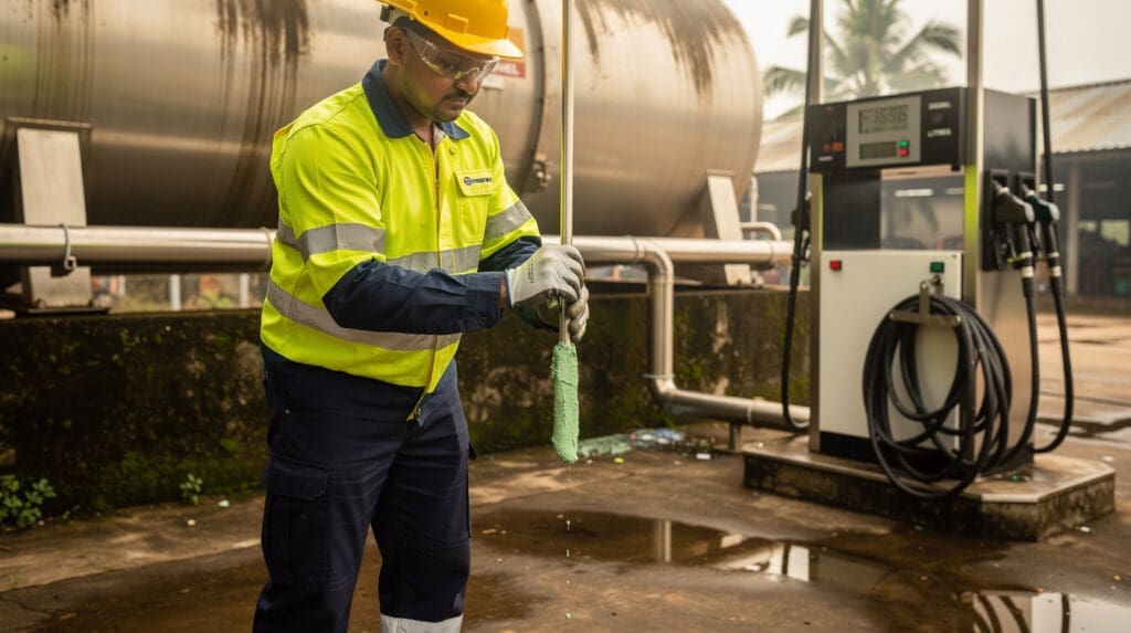 Technician checking diesel storage tank for water contamination to protect dispenser