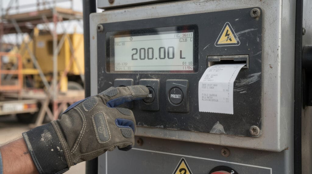Worker operating digital preset controller and receipt printer on CE-206 mobile fuel dispenser
