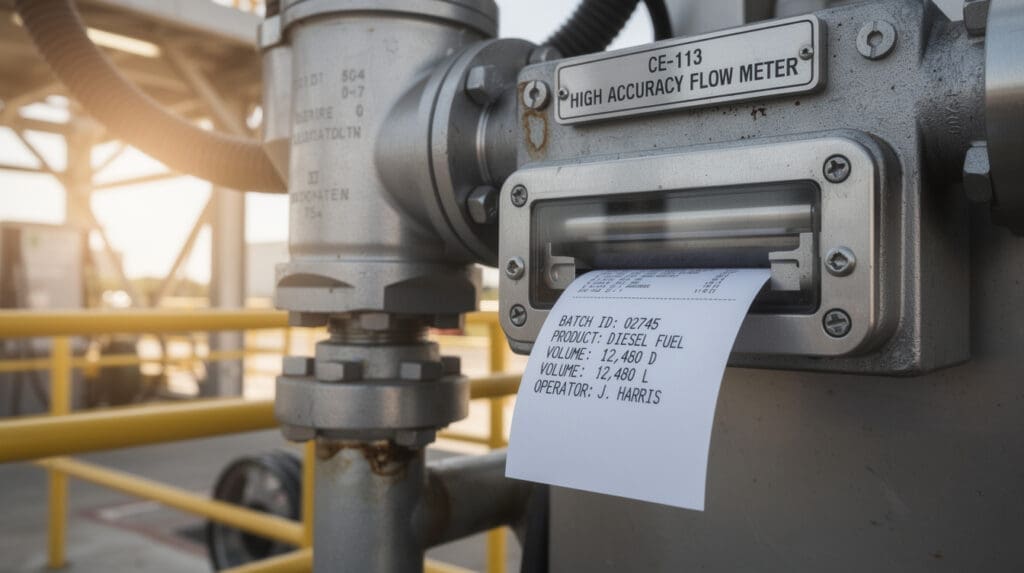 CE-113 high accuracy positive displacement meter printing a custody transfer batch ticket