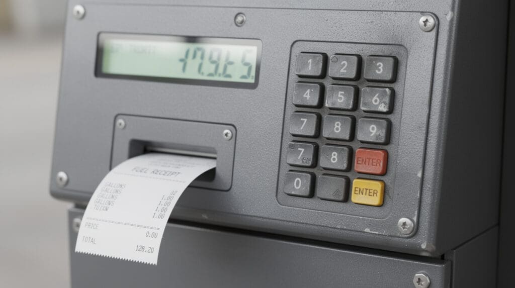 CE-206 digital mobile fuel dispenser interface showing LCD screen and receipt printer
