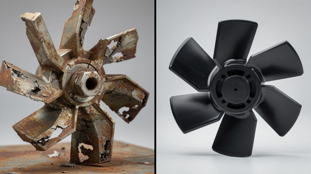Comparison of corroded stainless steel impeller versus chemical-resistant polypropylene impeller