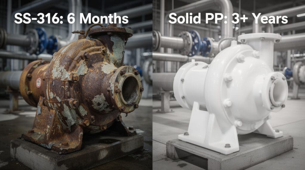 Comparison of corroded stainless steel pump versus durable PP pump in acid transfer