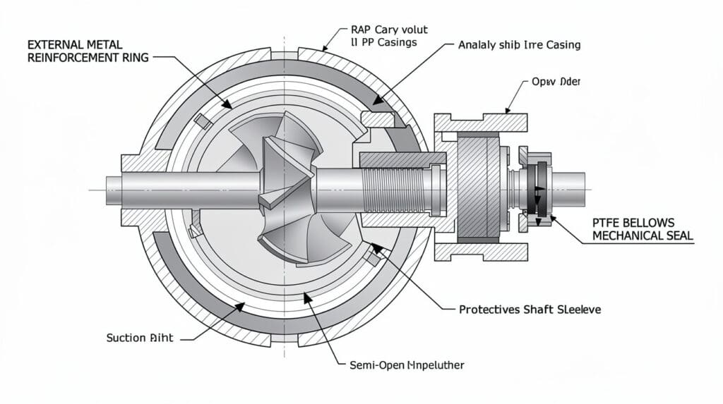 Cross-section engineering diagram of a PP centrifugal chemical pump