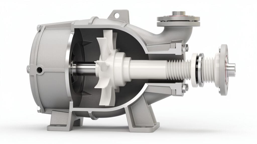 Cross-sectional 3D render of a Polypropylene centrifugal pump showing impeller and mechanical seal