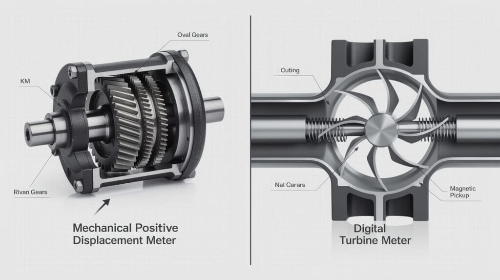 Cutaway comparison of mechanical positive displacement flow meter vs digital turbine flow meter internals