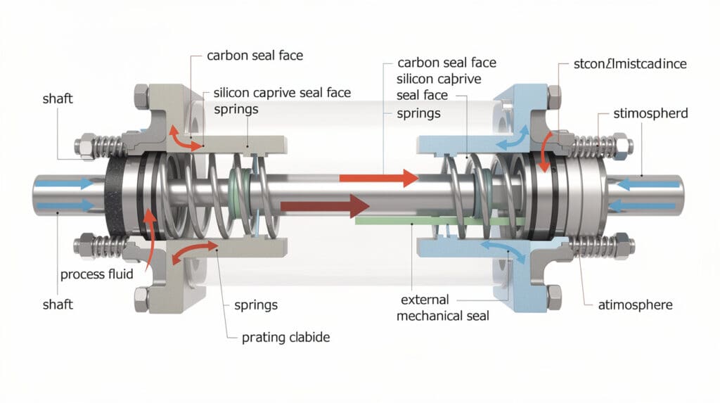 Cutaway diagram showing internal vs external mechanical seals in centrifugal pumps
