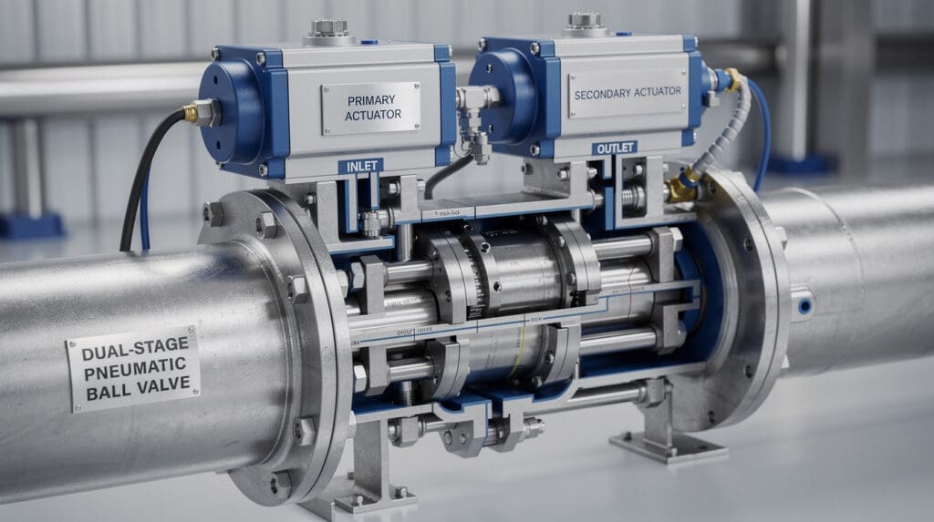 Dual-stage pneumatic actuated valve for high-speed liquid batching systems
