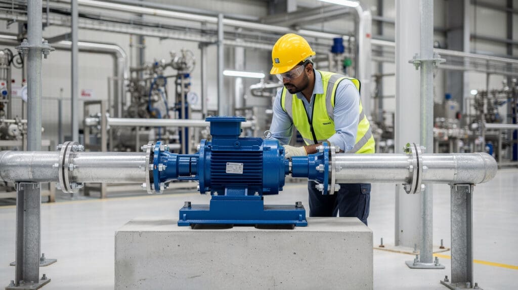 Engineer inspecting a properly installed PP chemical transfer pump in an industrial plant