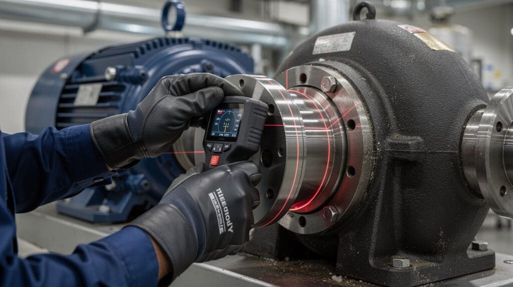 Engineer performing laser alignment on a PP Centrifugal Pump coupling