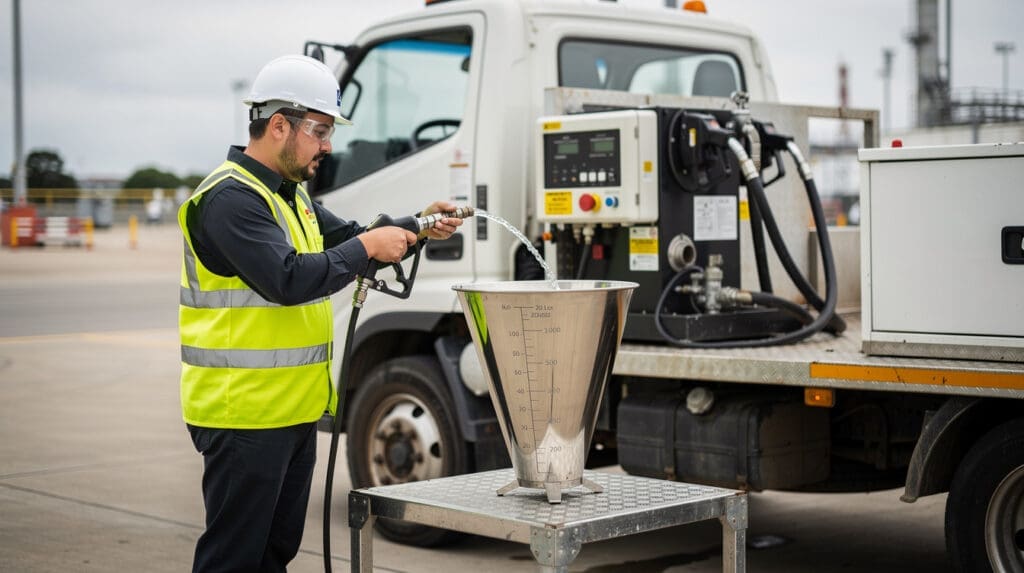 Engineer performing volumetric calibration of a mobile fuel dispenser using a conical measure