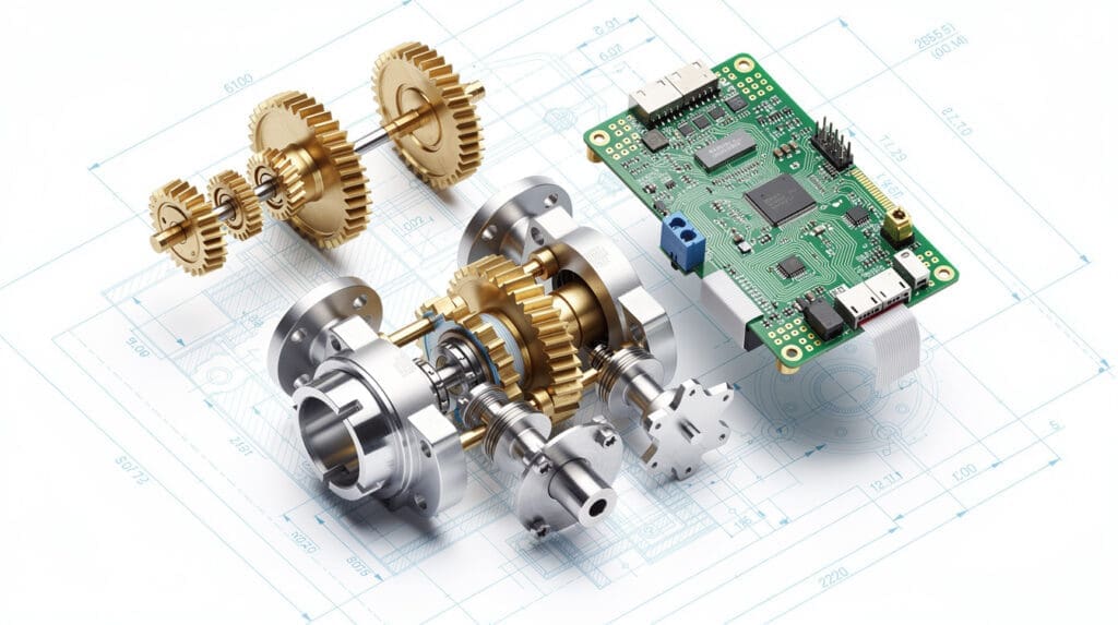 Engineering schematic of a positive displacement oval gear meter and digital CPU