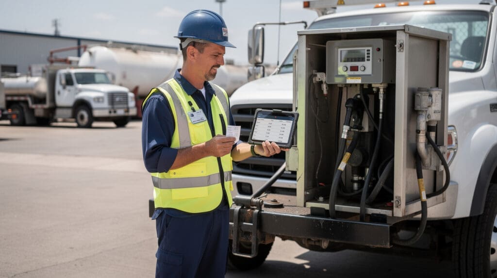 Fleet manager reconciling a mobile fuel dispenser receipt with inventory data