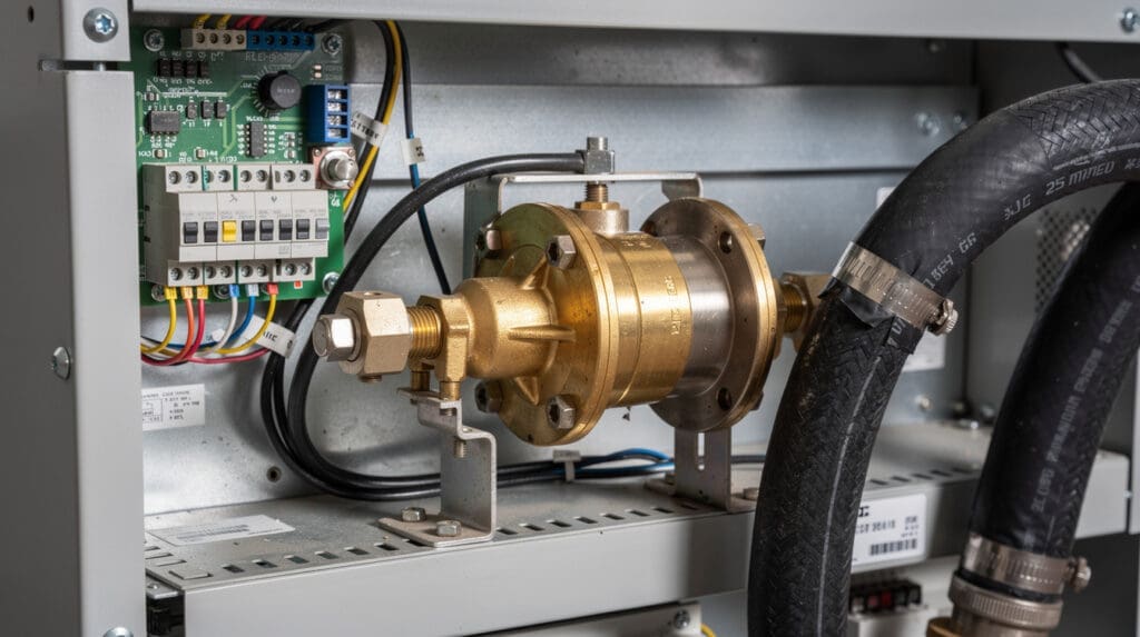 Internal components of an industrial fuel dispenser showing positive displacement meter and control board