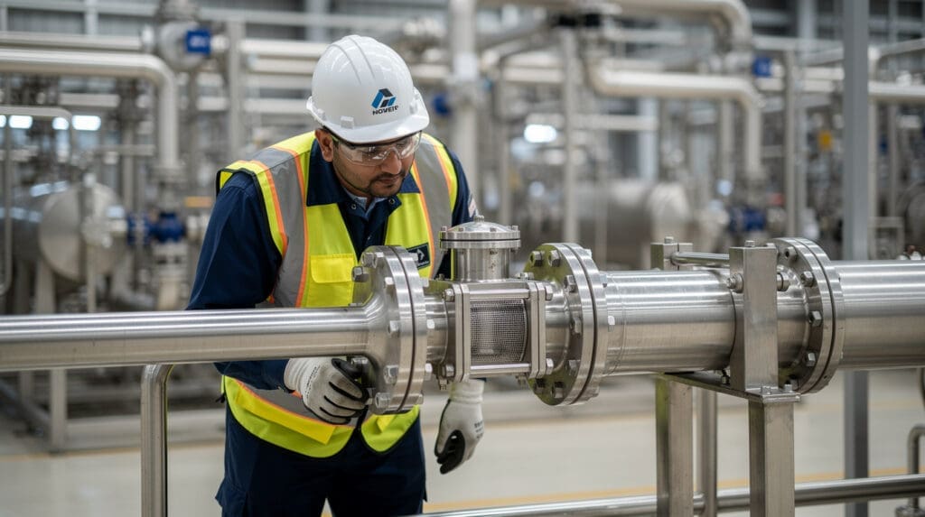 Maintenance engineer inspecting an inline strainer on a flow meter skid