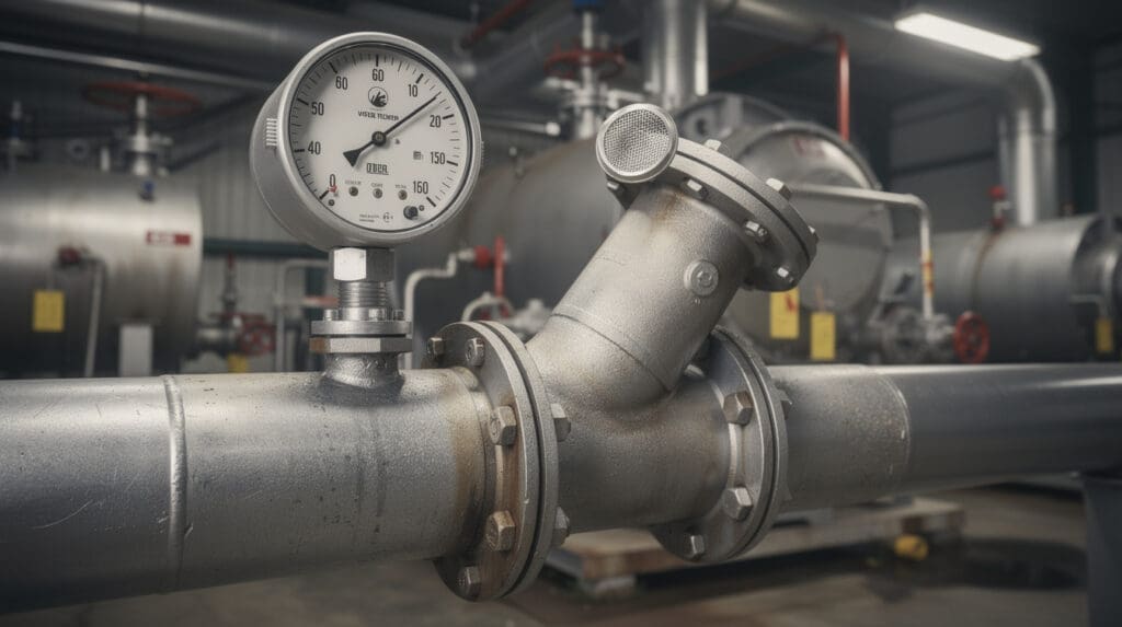 Mechanical oil flow meter installed on an industrial diesel transfer pipeline with a Y-strainer
