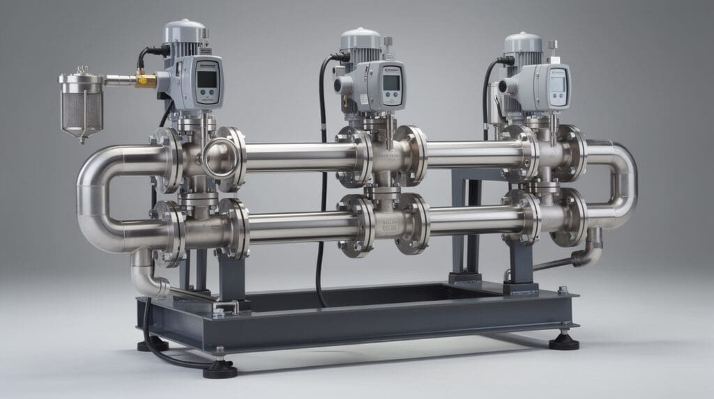 Multi-stream liquid batching skid manifold with positive displacement meters and strainers
