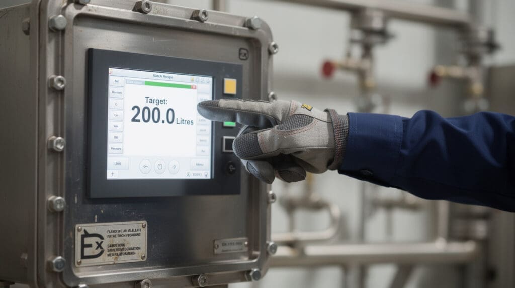 Operator programming a preset controller on an automatic liquid batching system
