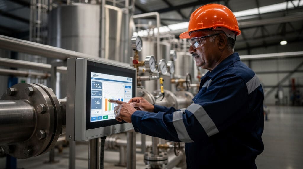 Plant engineer calibrating an industrial fuel flow meter control panel on factory floor