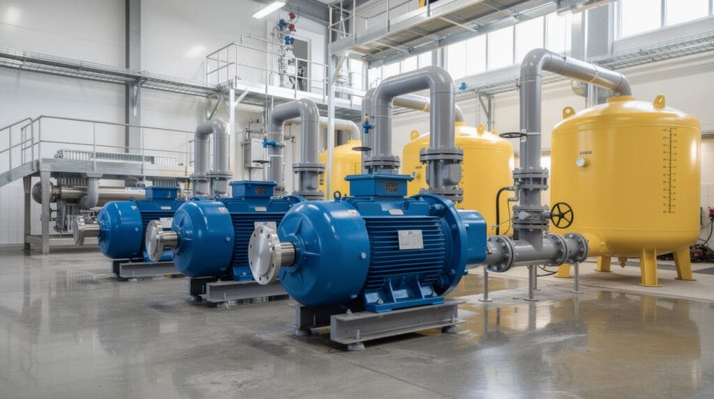Row of horizontal PP centrifugal pumps installed in a textile effluent treatment plant