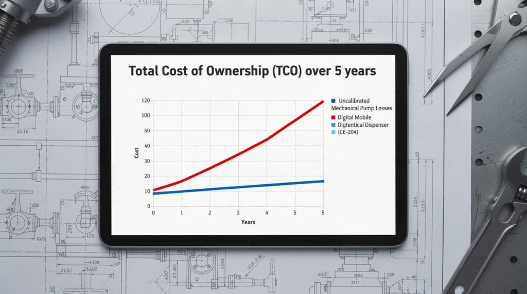 TCO graph comparing mechanical pump fuel losses vs digital mobile dispensers over 5 years