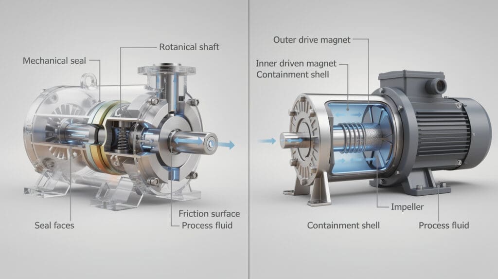 Technical comparison between mechanical seal pump and seal-less magnetic drive PP pump