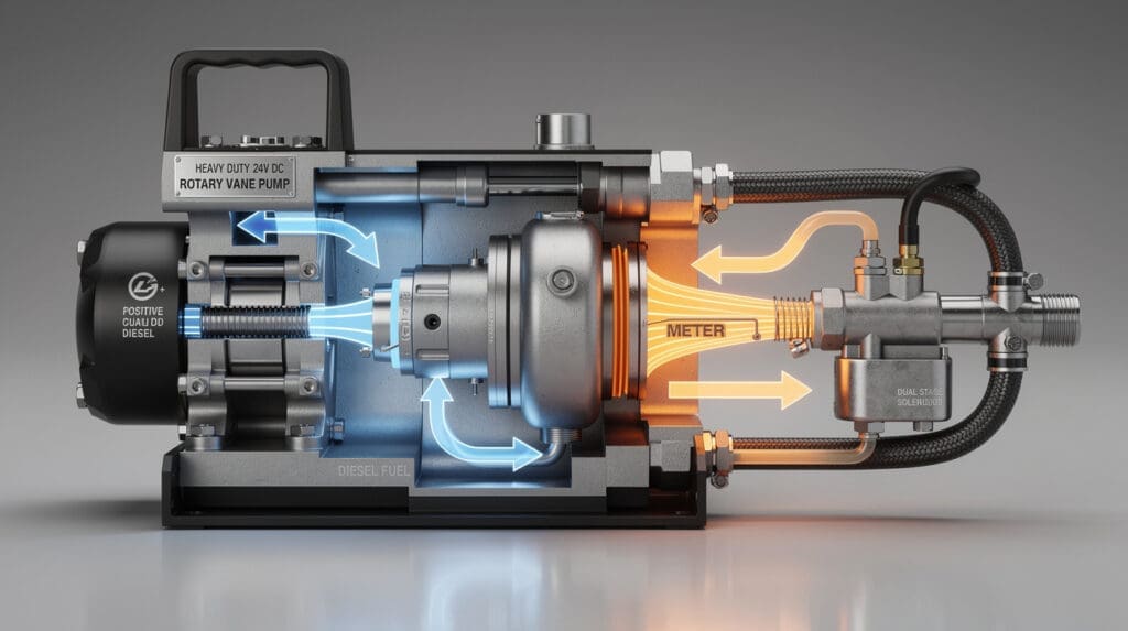 Technical cross section of positive displacement meter and rotary vane pump in a mobile fuel dispenser