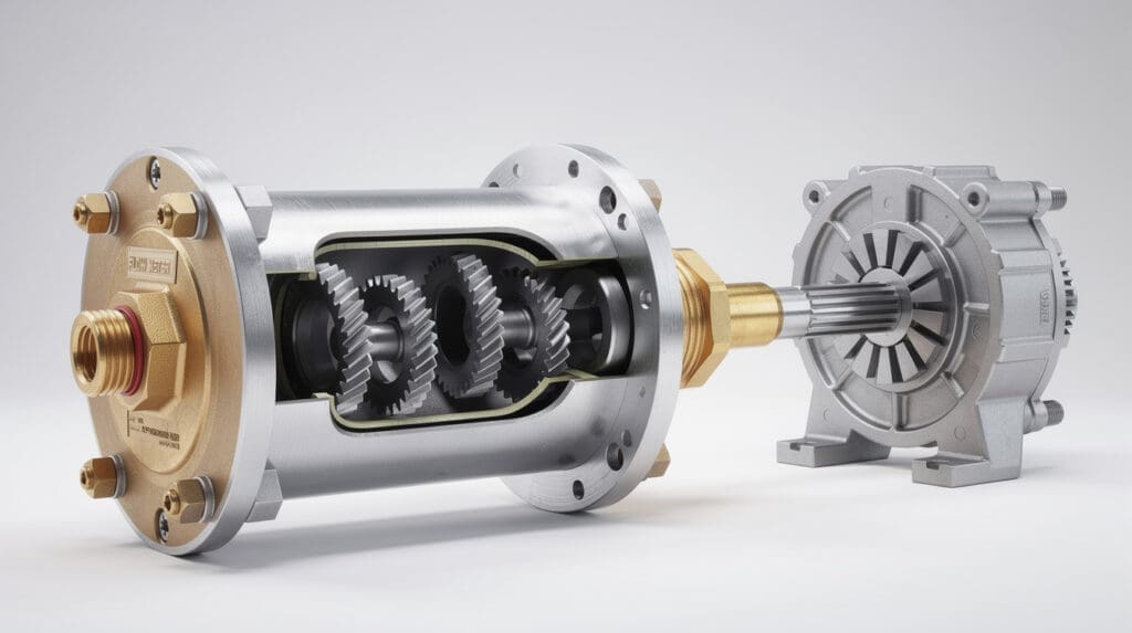 Technical cutaway diagram of a positive displacement meter and rotary vane pump for mobile dispensers
