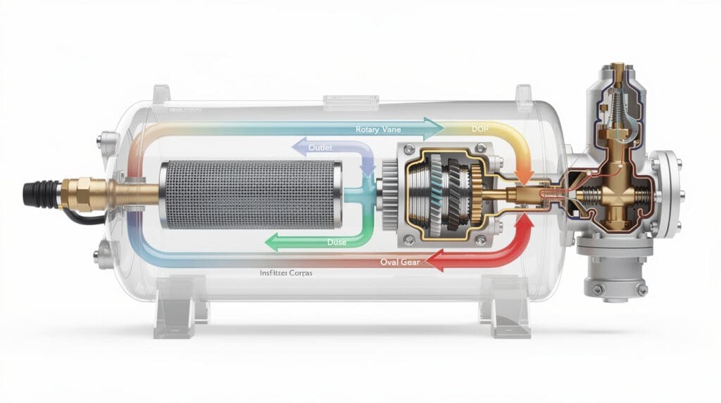 Technical diagram showing pump, filter, and positive displacement meter in a mobile fuel dispenser