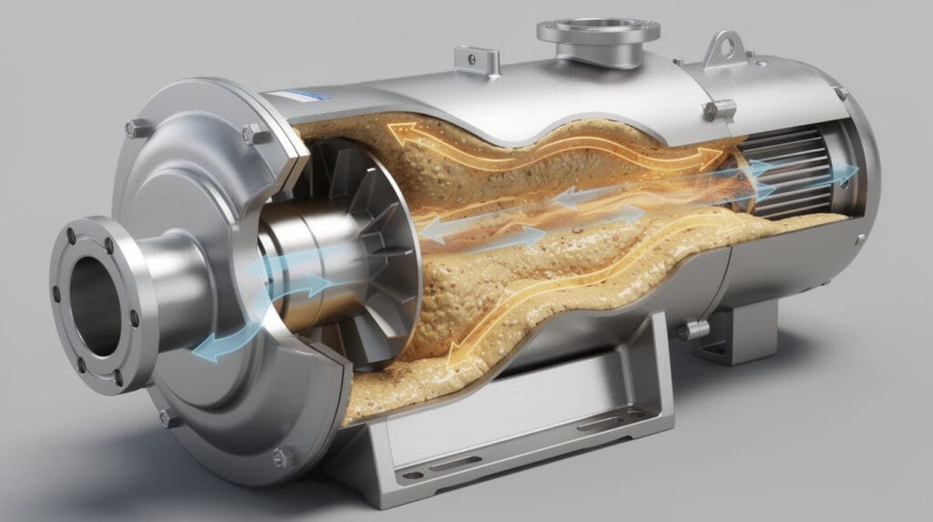 3D cutaway of SS pump impeller handling viscous distillery grain mash