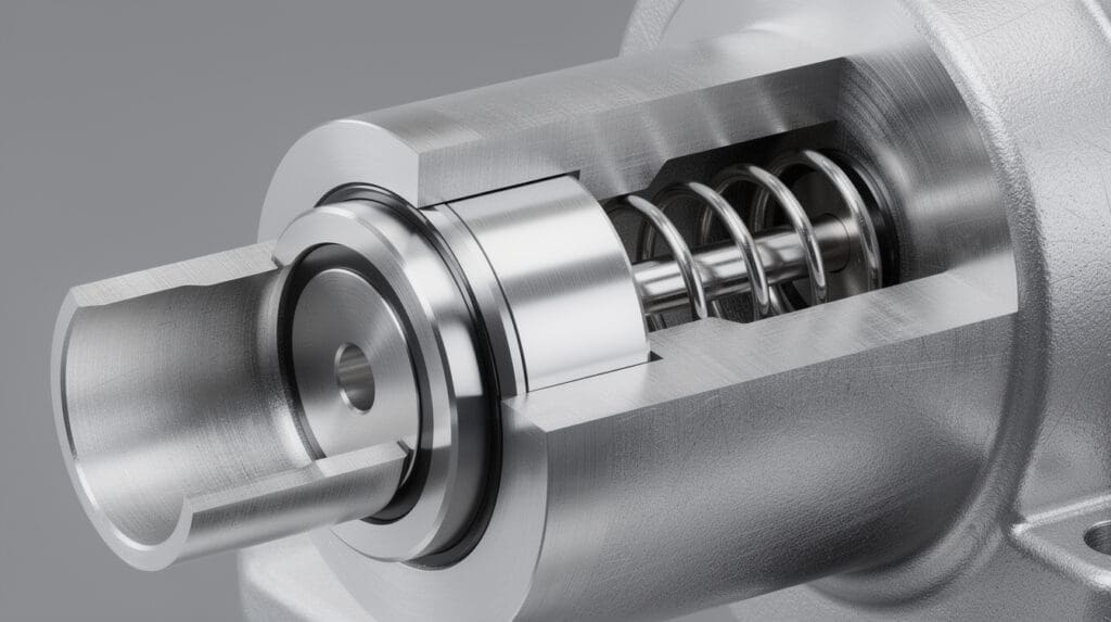 Close-up cutaway of mechanical seal in stainless steel pump