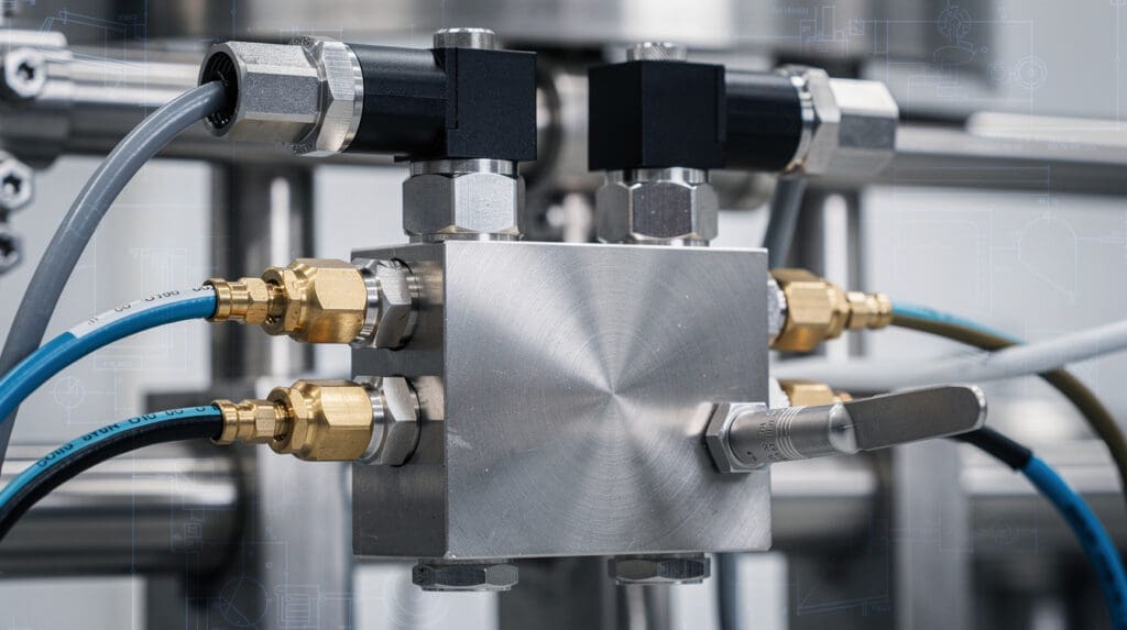 Close-up of a dual-stage pneumatic control valve used in high-accuracy liquid batching systems to prevent overshoot.