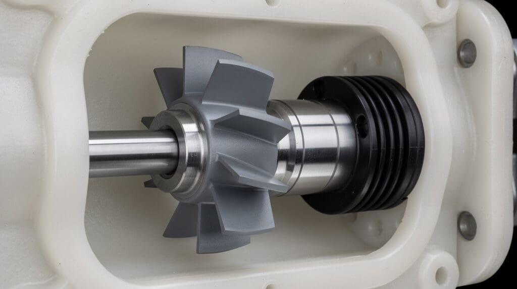 Close up of PP pump semi open impeller and PTFE bellows mechanical seal