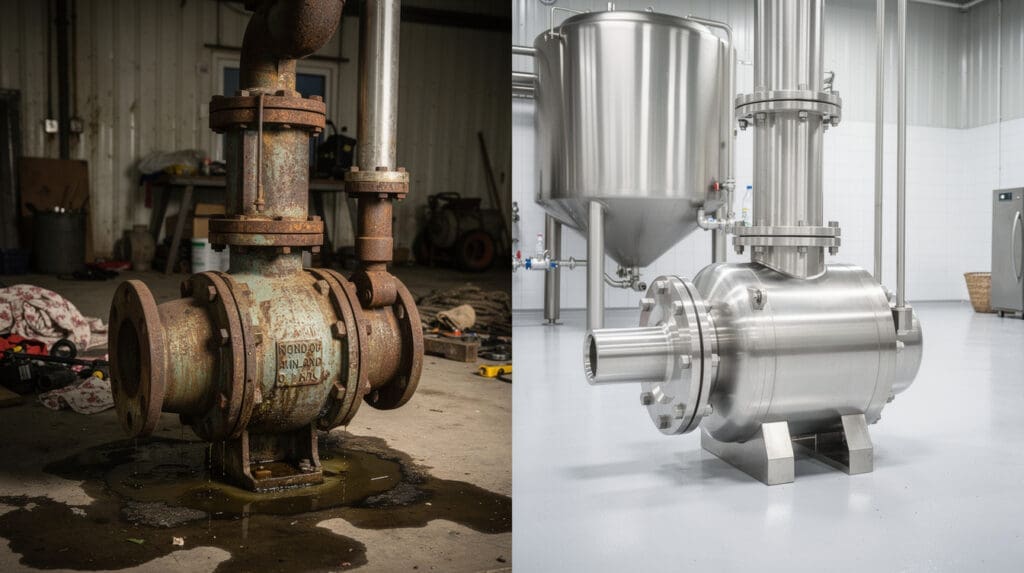 Comparison between corroded cast iron pump and hygienic stainless steel dairy pump