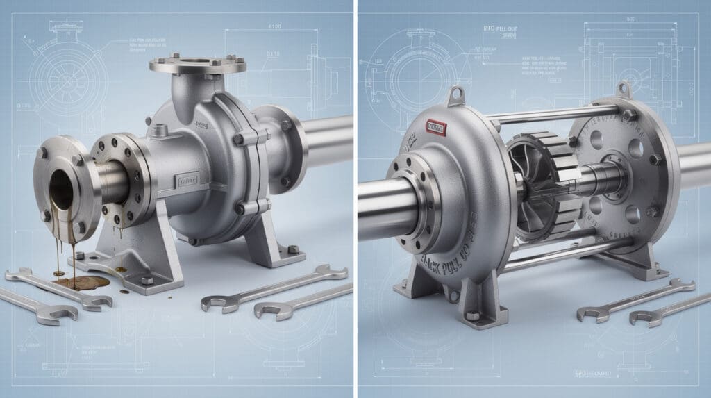 Comparison between standard monoblock pump maintenance and Back Pull Out BPO pump design