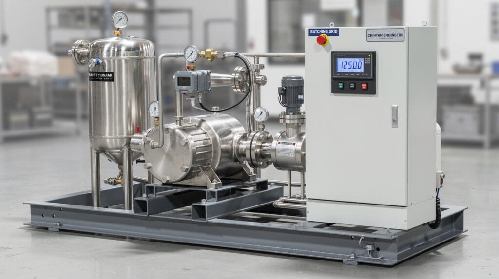 Complete turnkey liquid batching skid featuring pump, PD meter, and CE-136 control panel mounted on a steel base frame.