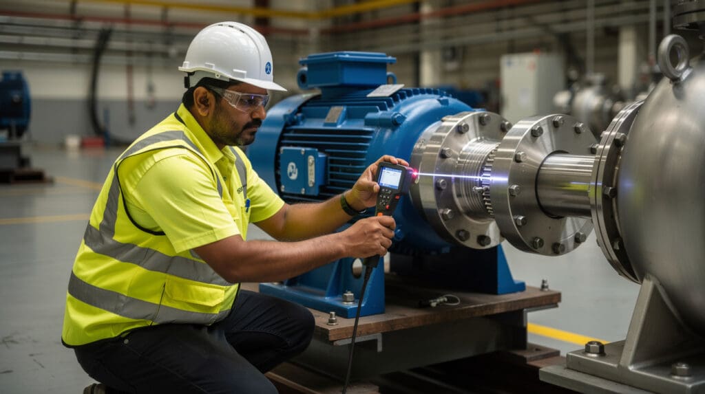Engineer performing laser alignment on a stainless steel industrial pump and motor coupling