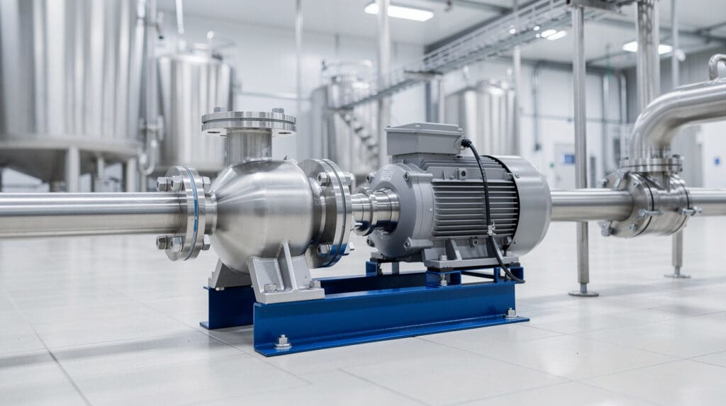 Hygienic stainless steel centrifugal pump installed in a dairy processing plant