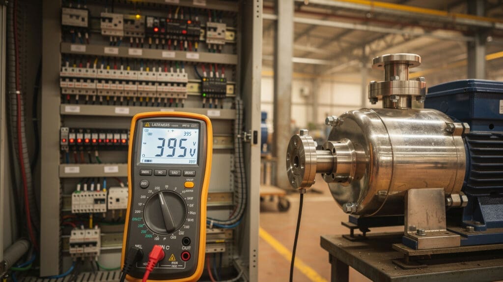 Industrial electrical control panel and multimeter reading near a stainless steel motor