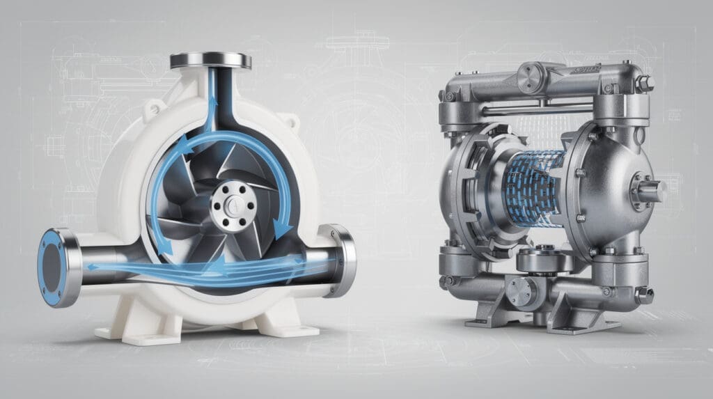 Internal mechanics comparison of PP centrifugal pump versus AODD pump showing flow profiles