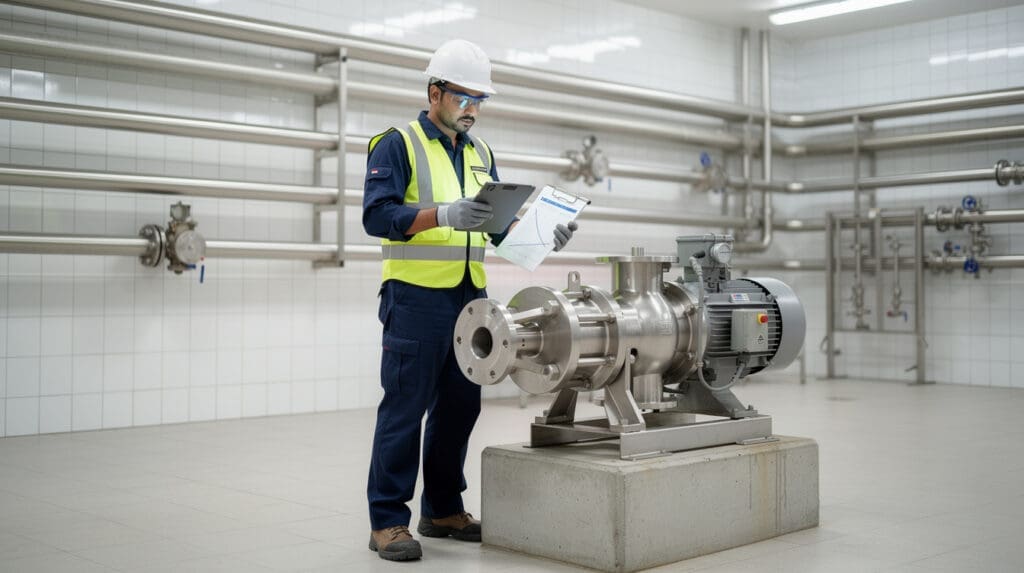 Plant engineer inspecting a stainless steel centrifugal pump in a dairy processing plant