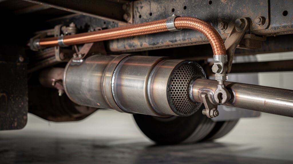 Spark arrestor and grounding cables on a diesel bowser for PESO safety compliance