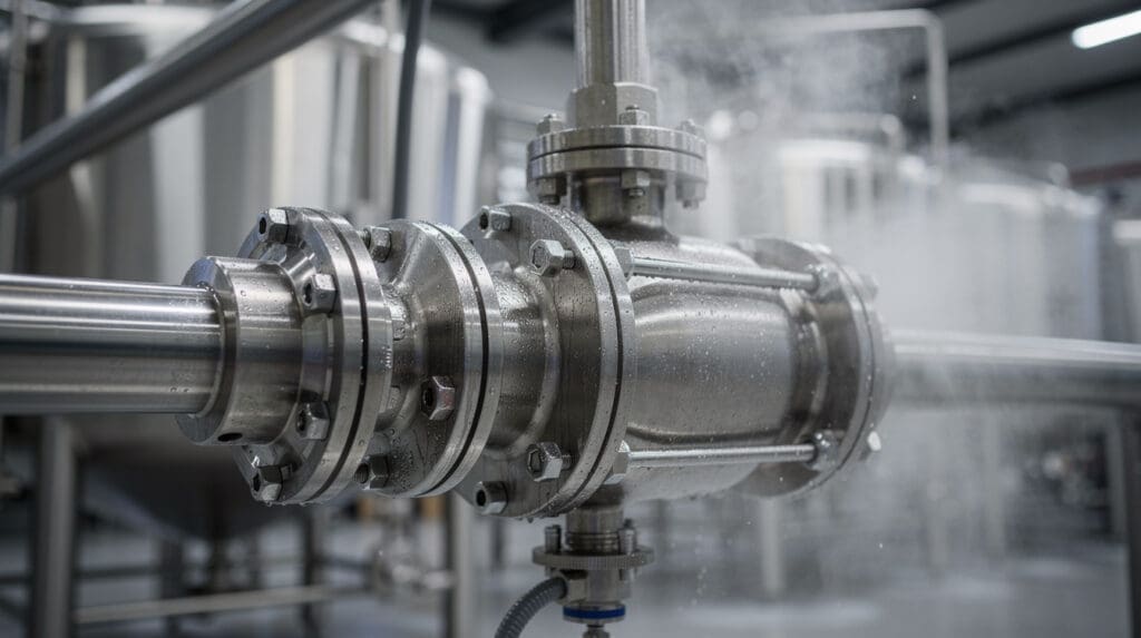 Stainless steel brewery pump integrated into sanitary CIP piping system