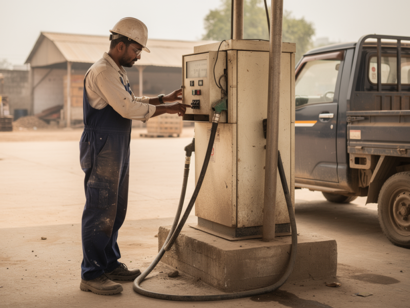 Plant engineer checking the power supply beside a diesel dispenser at an Indian industrial fueling point.