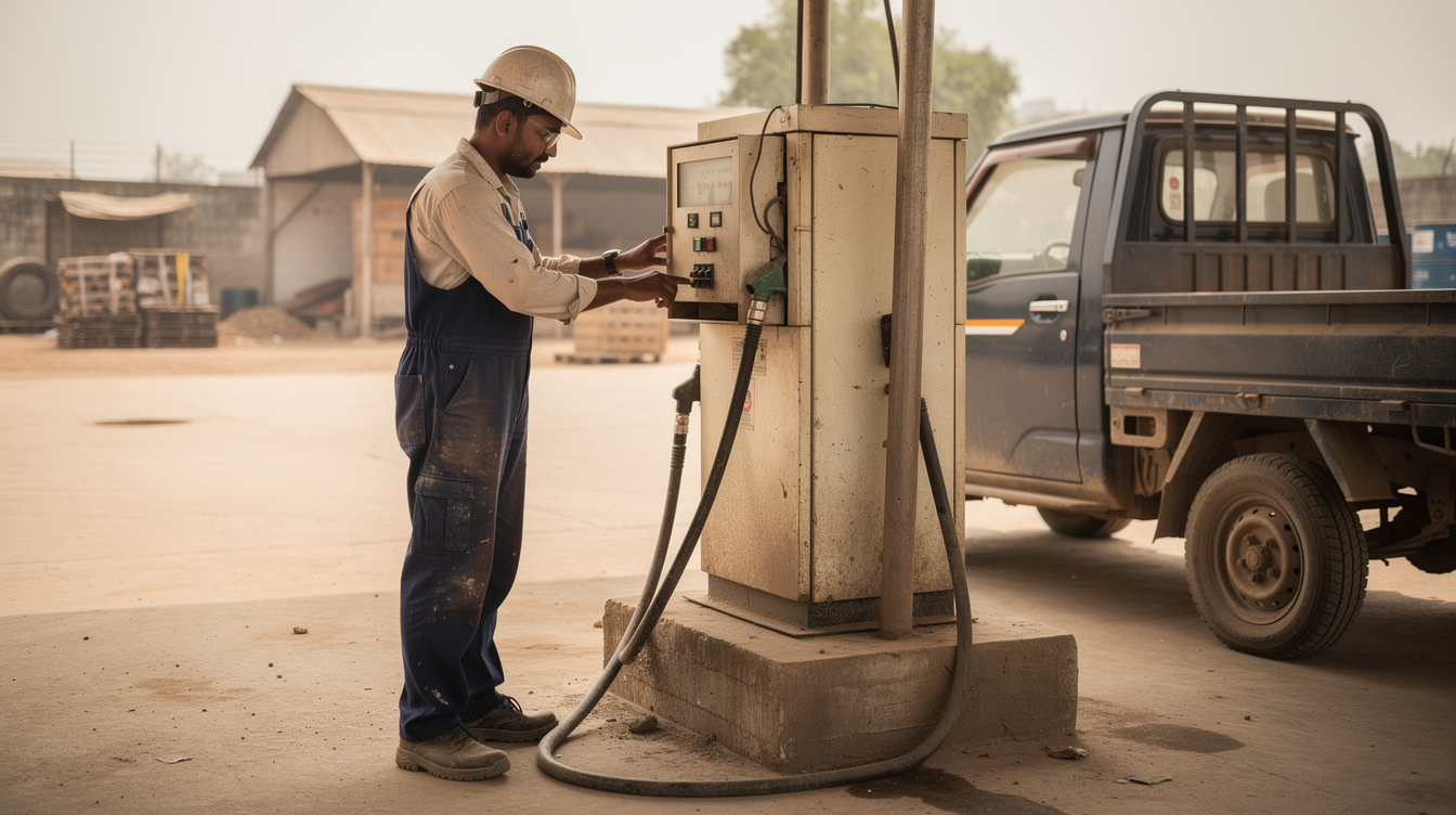Plant engineer checking the power supply beside a diesel dispenser at an Indian industrial fueling point.