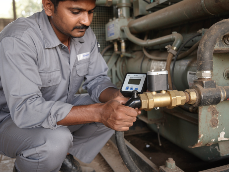 Technician installing a fuel consumption meter with dual sensors on a generator fuel line