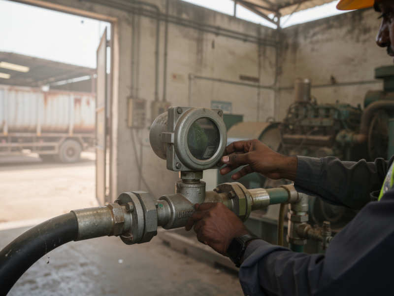 Plant engineer inspecting a generic diesel flow meter on a fuel line at an Indian industrial facility.