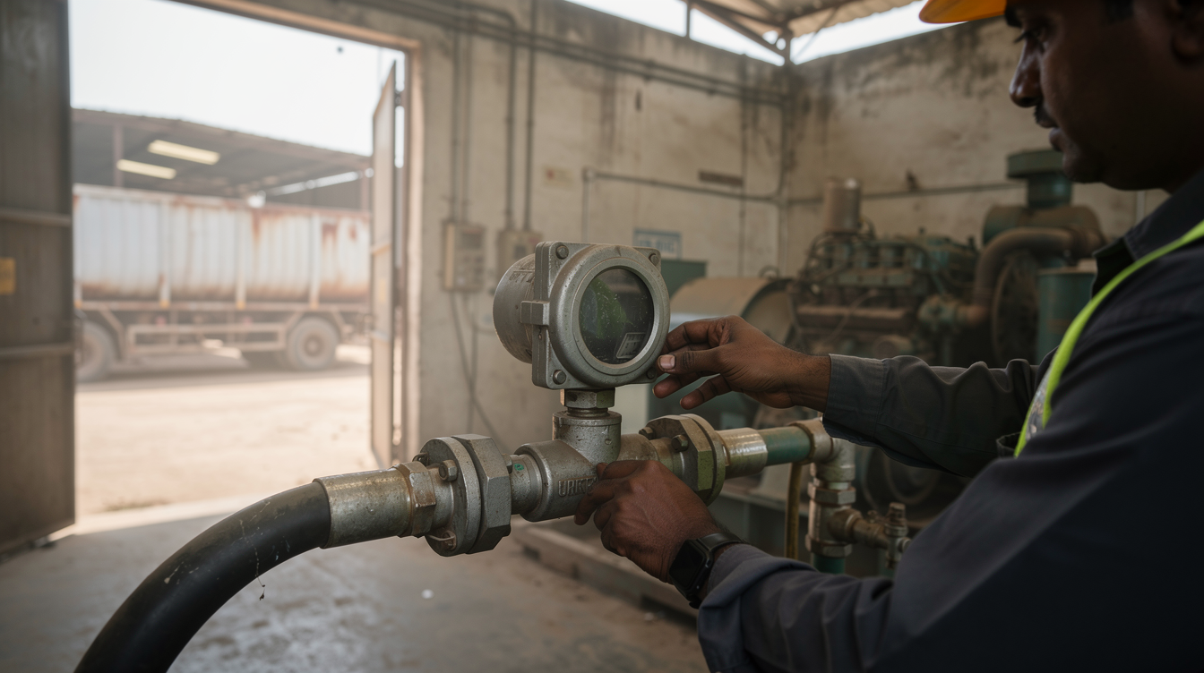 Plant engineer inspecting a generic diesel flow meter on a fuel line at an Indian industrial facility.
